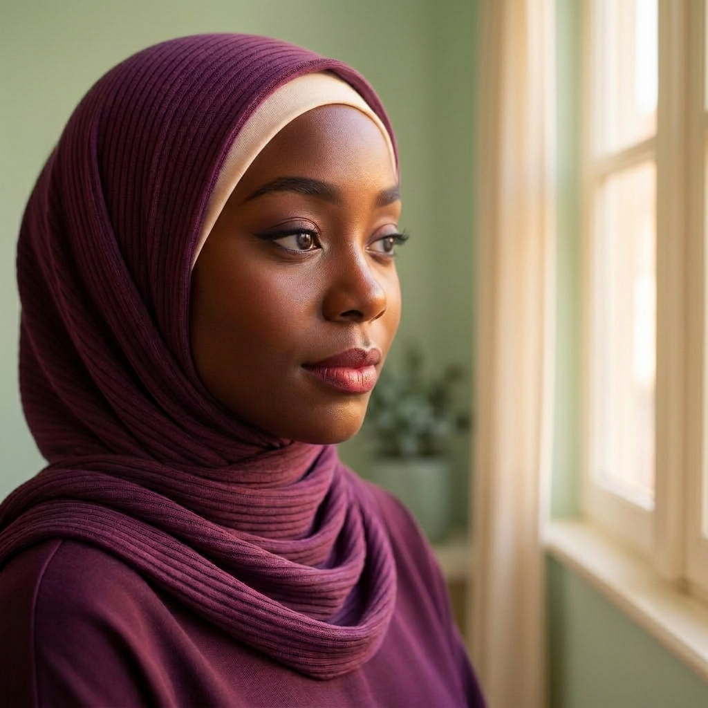 A Muslim woman in soft window light, reflecting peacefully