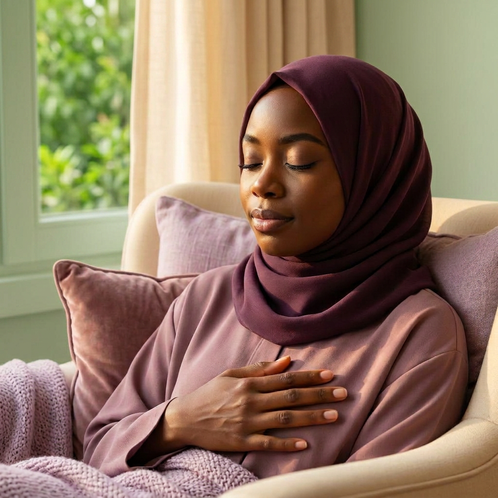 A Muslim woman resting peacefully in an armchair, hand on her heart